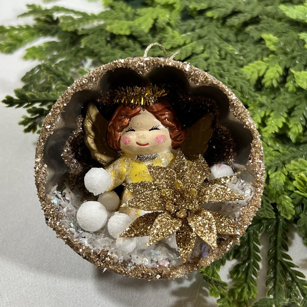 Vintage Round Tart Tin Angel Snow Diorama Mid Century Style Glitter Ornament